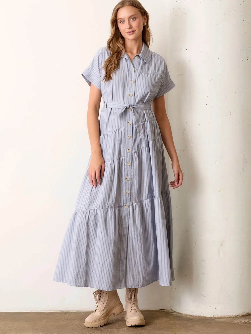Baltic Born Blue Striped Button-Front Maxi Dress with tie belt XL NWT - Picture 2 of 6